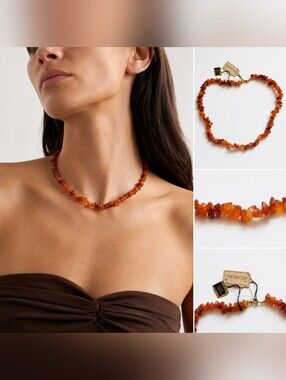 NWT Vintage Richelieu Genuine Carnelian Chip Necklace 16” Amber Red Stone Beaded